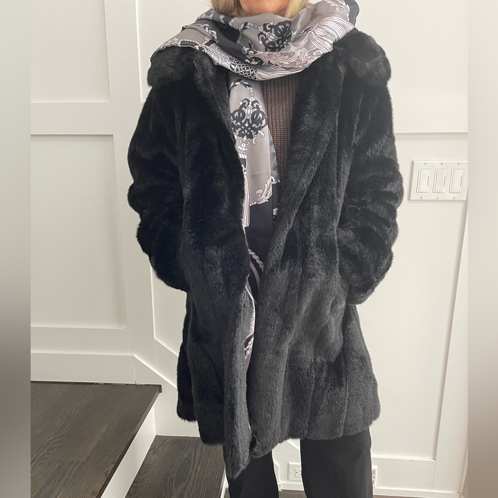 dennis basso Faux Fur Black Coat w/ Silk Patterned Scarf (matches interior)